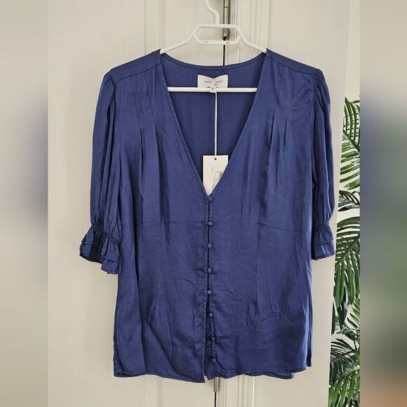 Nwt Dear John Satiny Blue V-Neck Button-Up Women's Top - Picture 1 of 5
